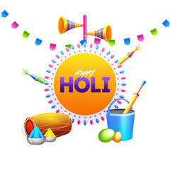 Canvas Print - Holi festival celebration poster or flyer design on purple background with illustration of dholi (drum), water gun and color bucket with bunting decoration.