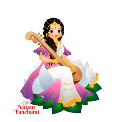 Poster - Vasant Panchami poster or greeting card design with beautiful character of goddess saraswati on brush stroke background.