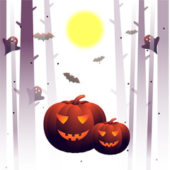 Wall Mural - Spooky pumpkins in haunted forest on shiny full moon background for Happy Halloween celebration.