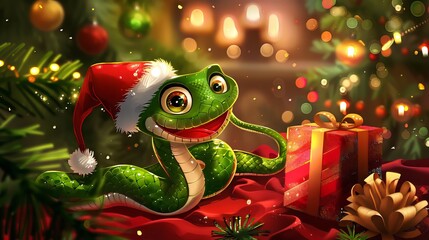 A cute cartoon green snake in a Santa hat with a red gift sits near the Christmas tree.2025