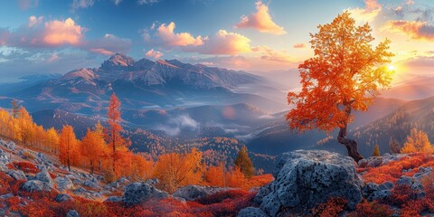 Sticker - Autumn Mountain Landscape at Sunrise