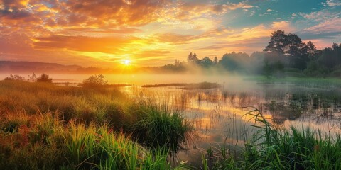 Wall Mural - Sunrise Over Misty Lake