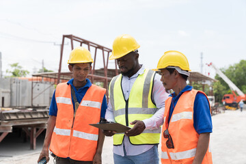 Foreman builder training work employee worker at construction site. Foreman construction and worker working at construction site 