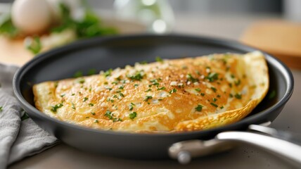 A fluffy omelet with melted cheese and herbs cooks gently in a nonstick pan.