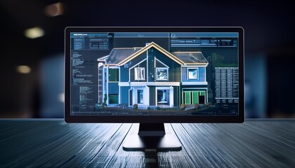 Computer monitor displaying a 3D house model using architectural software, showcasing modern home design.