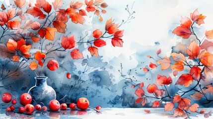Wall Mural - Watercolor abstract background winter collection with flower and seasonal leaves. Hand-painted watercolor natural art, suitable for your designed header, banner, cover, web, wall, cards