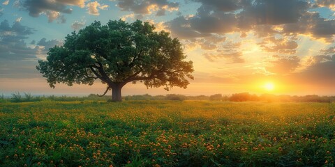 Canvas Print - Solitary Tree in a Field of Golden Flowers at Sunset