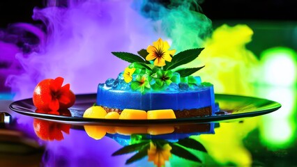 Nitrogen frozen dessert with edible flowers and fruit gels, bright colors and swirling mist