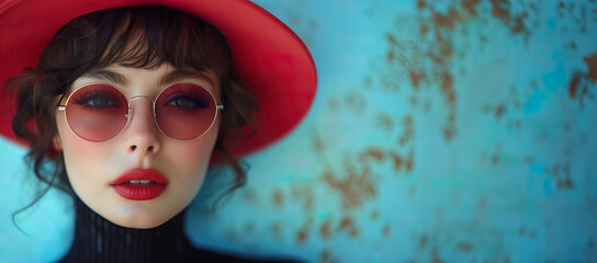 y2k fashion, retro, Crimson Gaze: A portrait of a stylish young woman with captivating red sunglasses and a matching hat, set against a vibrant blue background. 