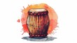 © sceneperfect - Watercolor illustration of a traditional wooden drum with orange splatters in the background.