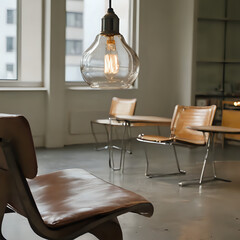 a chair and a table in a room with a light bulb