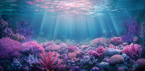 Coral reefs and various sea life are visible in this colorful underwater scene