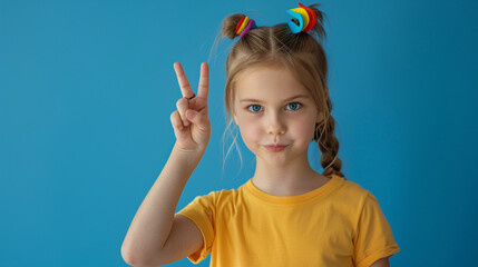 A young girl with a rainbow clip posing with a peace sign