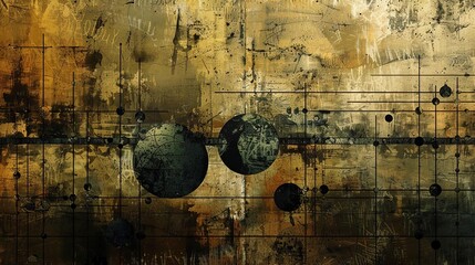 Abstract Composition: Circles, Lines, and Grunge Textures in Gold and Black