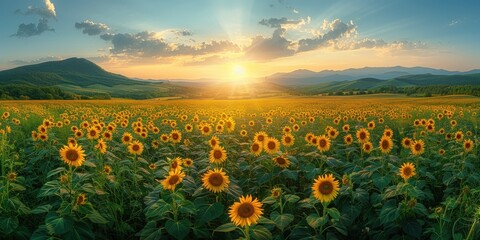 Canvas Print - Sunflowers Blooming at Sunset with Mountain View