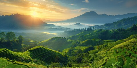 Canvas Print - Sunrise Over Lush Green Terraces