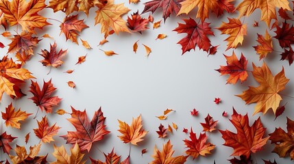 Wall Mural - autumn frame background with free place for text, maple leaves decorate a beautiful nature thanksgiving, scenery yellow red seasonal colorful mock up, white background