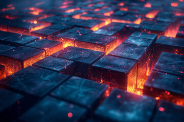 Wall Mural - Clean depiction of a maze-like environment filled with glowing 3D tiles, inviting exploration,