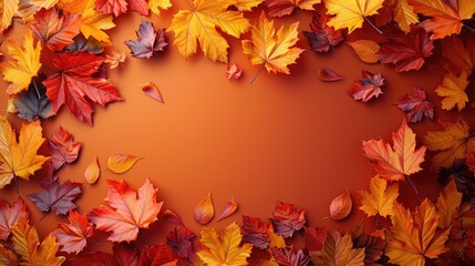 Wall Mural - Autumn frame background with free place for text, maple leaves decorate a beautiful nature thanksgiving, scenery yellow red seasonal colorful mock up, orange background