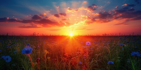 Wall Mural - Golden Hour Sunset Over Field of Flowers