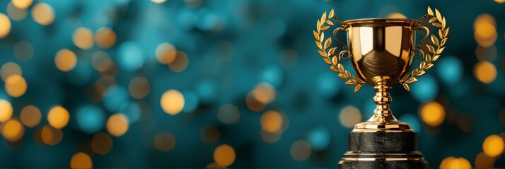 Golden trophy cup with laurel wreath against festive background with glowing bokeh lights