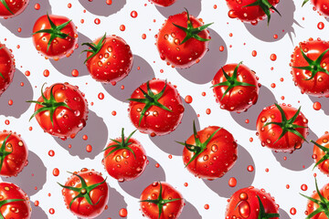 Wall Mural - Seamless Pattern of Fresh Wet Tomatoes on White Background with Droplets and Shadows