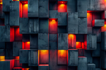 Wall Mural - Clean depiction of a series of stacked dark blocks, enhanced by bright red and yellow highlights that create depth,