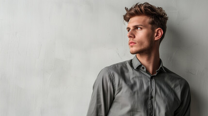 Canvas Print - a handsome young man in grey shirt looking away standing against plain white wall, portrait of a guy 