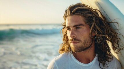 Wall Mural - A man with long hair is standing on the beach holding a surfboard