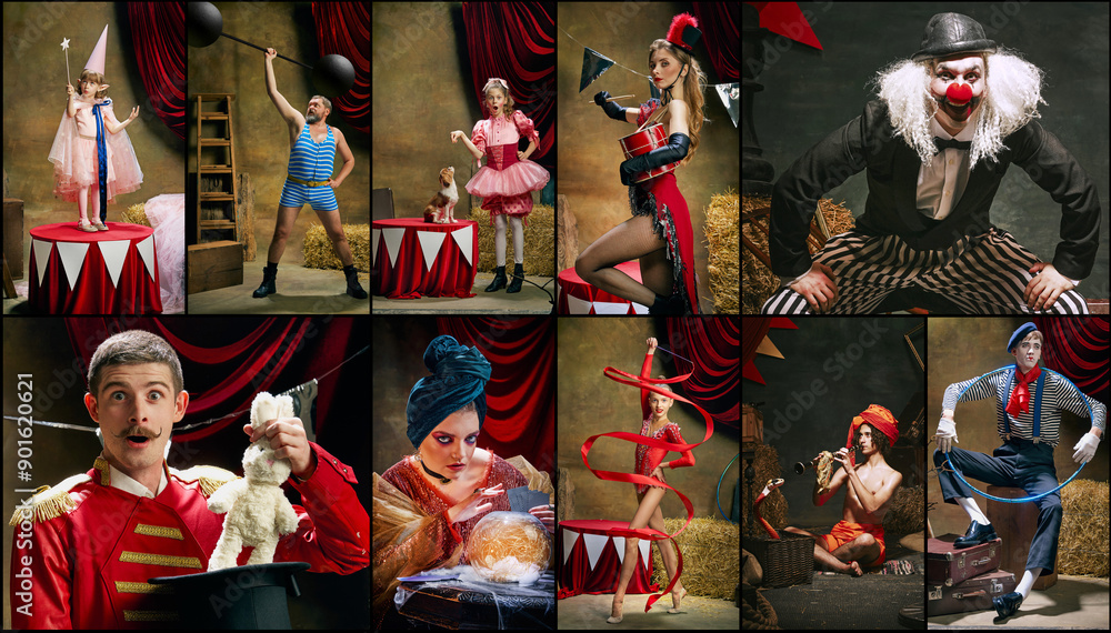 Collage. Talented people acting in circus, acrobat, strongman ...