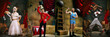 © master1305 - Collage capturing various characters, bearded lady in gown, cheerful magician, strongman lifting weights, and clown, all in vibrant costumes. Concept of circus, theater, performance, show, retro