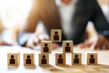 Building a Strong Team:  A close-up view of wooden blocks stacked to form a pyramid, each block depicting a person, symbolizing a thriving and collaborative team.  The image conveys a sense of growth,