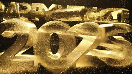 Wall Mural - happy new year 2025 golden numbers on dark background. a swirling vortex of golden light shine parti