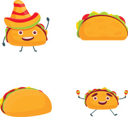 Sticker - Funny taco icons set cartoon vector. Cute cartoon fast food tacos character. Traditional mexican food