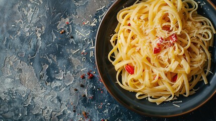 Wall Mural - Italian pasta with melted cheese, traditional dish seen from above, top view with background space for text