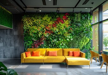 Wall Mural - A vibrant vertical garden in a hotel's reception area, blending seamlessly with the modern interior design and providing a touch of nature