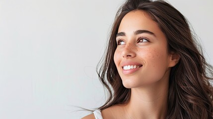 Wall Mural - Smiling young brunette Latin woman with freckles, looking off to side, white background, copy space