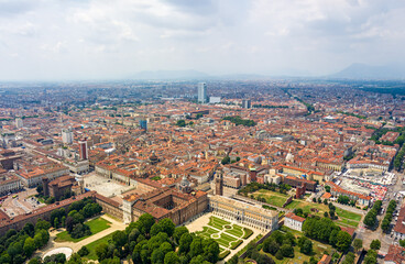 Wall Mural - Turin, Italy. Palazzo Madama, Piazza Castello - City Square. Royal Palace in Turin. Panorama of the central part of the city. Aerial view