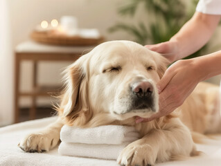 A relaxed golden retriever enjoying a gentle massage in a calm and soothing spa environment.