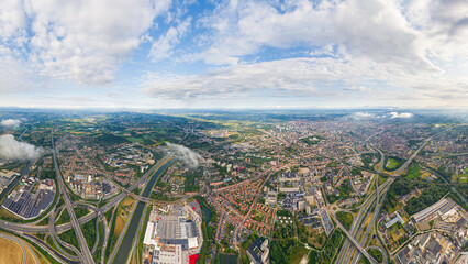 Sticker - Ghent, Belgium. Industrial area. Panorama of the city. Summer day, cloudy weather. Aerial view