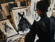 © domi002 - A fashion designer working diligently behind the scenes, surrounded by sketches, fabrics, and inspiration.