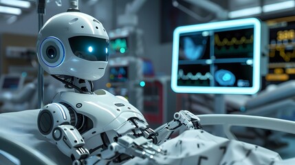 Healthcare Robot: A robot assisting a doctor with patient care in a futuristic hospital, monitoring vitals and administering treatment. 
