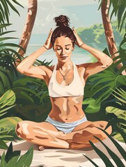 Wall Mural - A woman is sitting in a jungle with her hands on her head. She is wearing a white tank top and white shorts