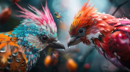 Two birds with colorful feathers are standing next to each other