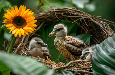 Wall Mural - Beautiful view of some bird baby in a nest