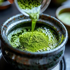 Green tea matcha being sifted for a fine powder, Green tea, Precision, ritual