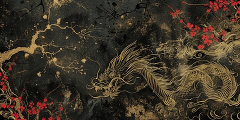 Gold dragon with red flowers on black background.