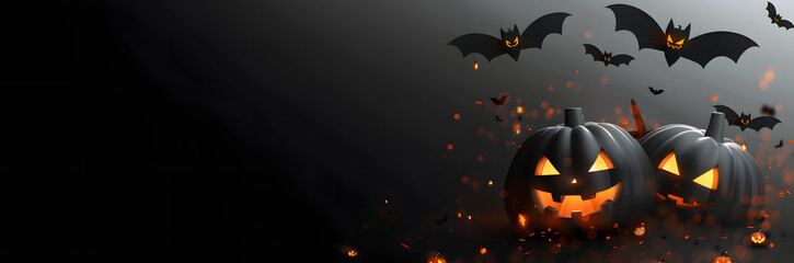 Wall Mural - Happy Halloween banner. Festive background with realistic 3d black pumpkins with cut scary smile and flying bats. Horizontal holiday poster, header for website. Vector illustration