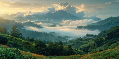 Wall Mural - Sunrise over misty mountains