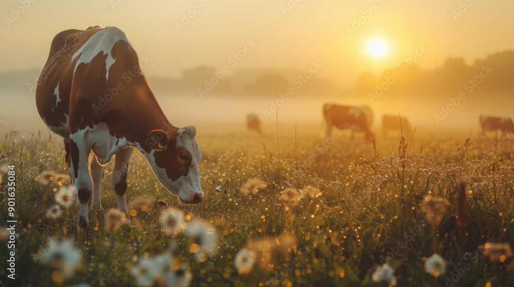 A cow is grazing in a field of flowers Stock Photo | Adobe Stock
